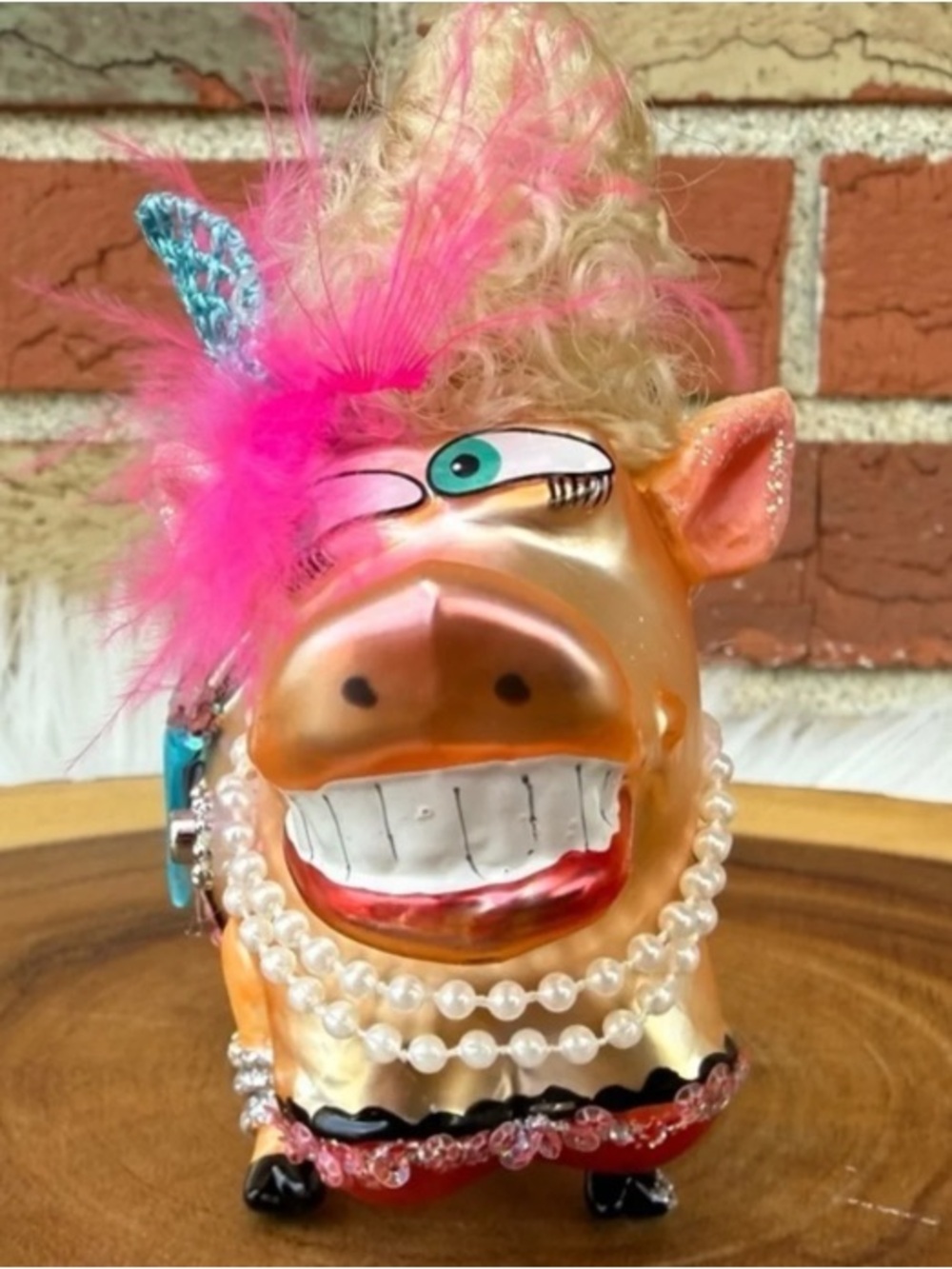 Whimsical Gold Pig Figurine with Pink Feather and Pearl Necklace